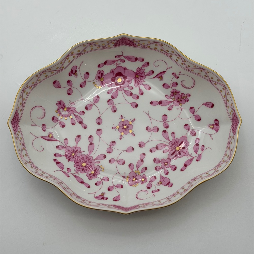 Antique Meissen Pink Puce Indian Flower Scalloped Porcelain Oval Trinket Dish